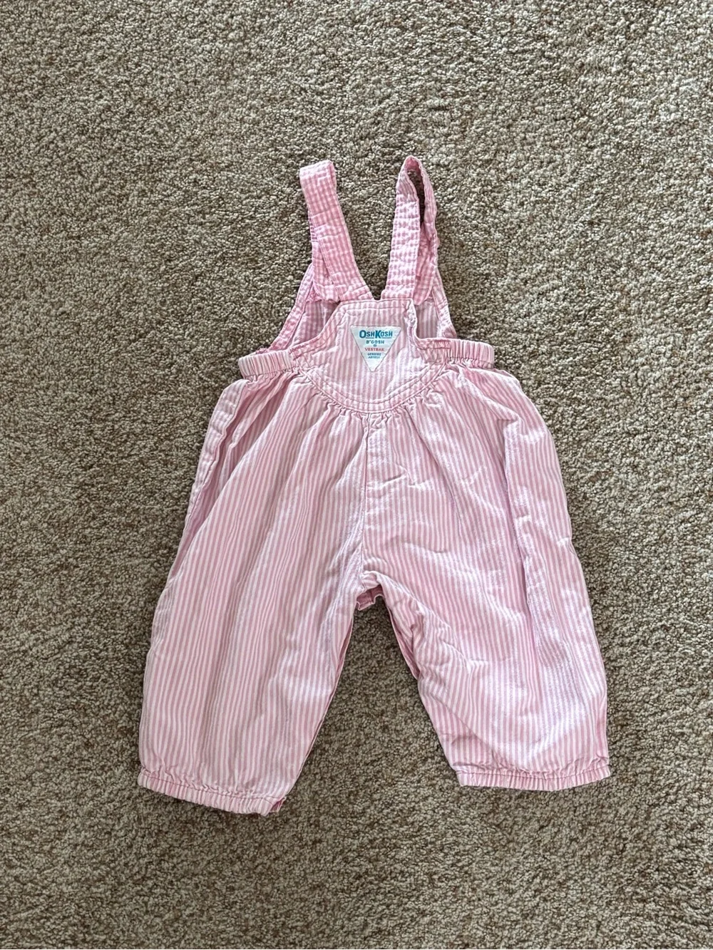 Vintage OshKosh B'gosh Baby Denim Bubble Romper Overalls Pink White 6-9 month